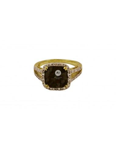 Geltono aukso žiedas su deimantais ir dūminiu kvarcu pardavimui internetu